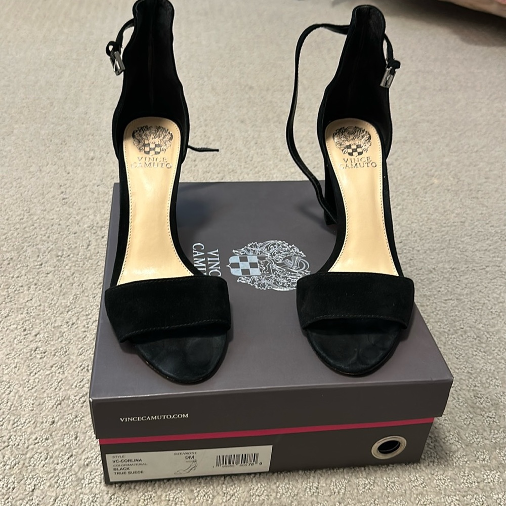 Vince Camuto black velvet ankle strap heels, excellent condition
